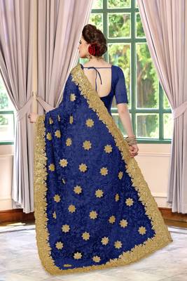 Trendmalls Blue Embroidery net Indian Wedding Or Party Saree With Blouse 3