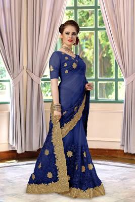 Trendmalls Blue Embroidery net Indian Wedding Or Party Saree With Blouse 4
