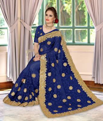 Trendmalls Blue Embroidery net Indian Wedding Or Party Saree With Blouse 5