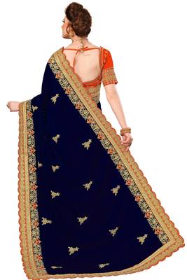 Trendmalls Navy blue embroidered art silk  Traditional Wedding Party Wear Bridal Saree with Blouse  2
