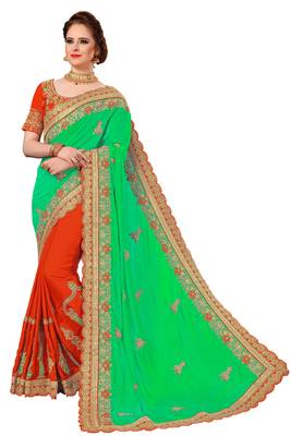 Trendmalls Parrot green embroidered art silk   Traditional Wedding Party Wear Bridal Saree With Blouse   1