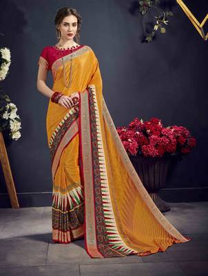 Yellow printed crepe saree with blouse 1