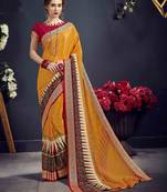Yellow printed crepe saree with blouse
