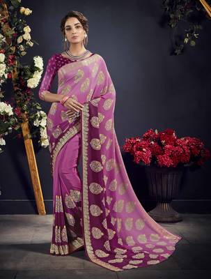 Purple printed crepe saree with blouse 1