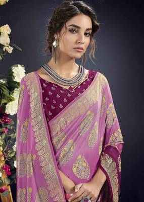 Purple printed crepe saree with blouse 2