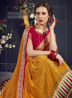 Yellow printed crepe saree with blouse 4