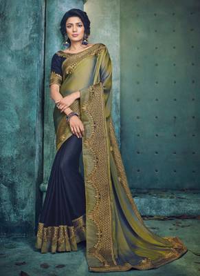 Monjolika Fashion Olive plain silk blend saree with blouse 1