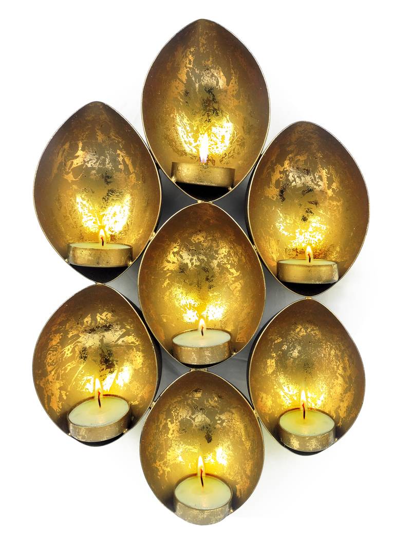 H & W Black/Gold Metal Wall D  cor Candle Holder for Diwali- Set of 1 (24 x 36 x 7 cm)