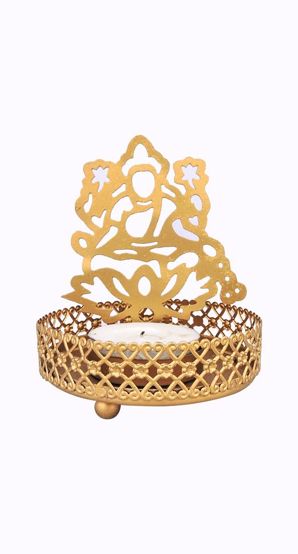 H & W Gold Metal Light Candle Holder for Diwali- Set of 2 (7 x 7 x 9.5 cm)