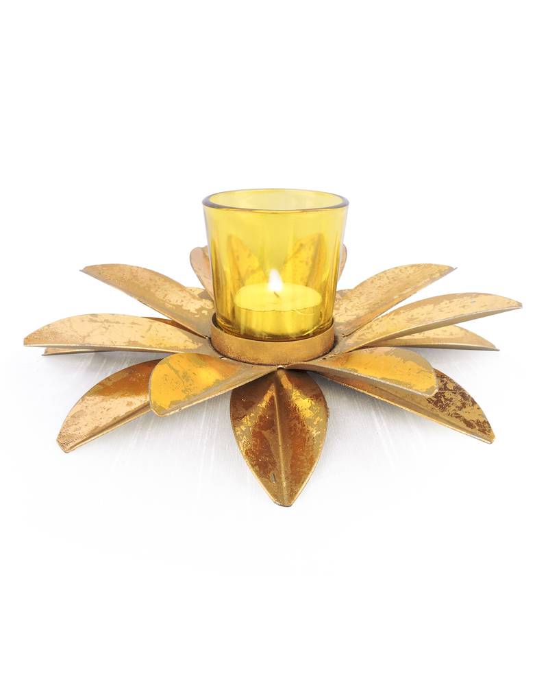 H & W Gold Metal Tealight Holder for Diwali- Set of 1 (19 x 19 x 5 cm)