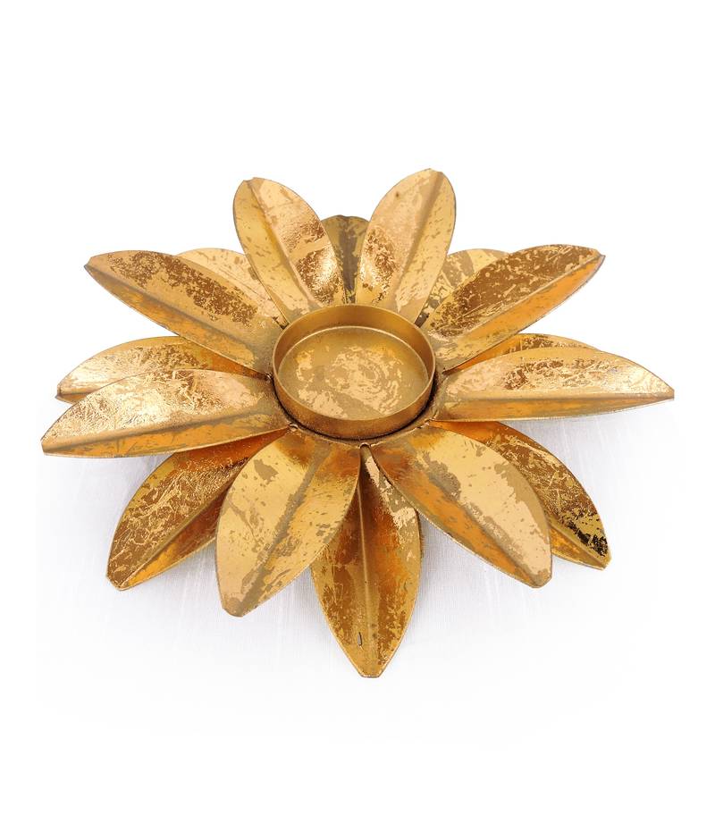 H & W Gold Metal Tealight Holder for Diwali- Set of 1 (19 x 19 x 5 cm)