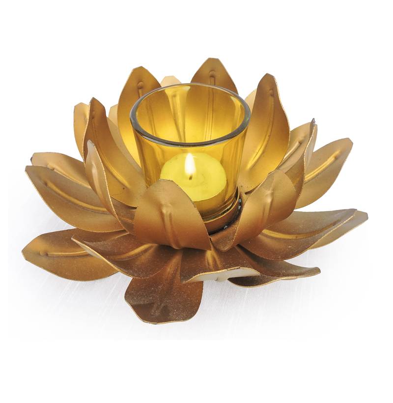 H & W Gold Metal Candle Holder for Diwali- Set of 1 (18 x 18 x 6 cm)