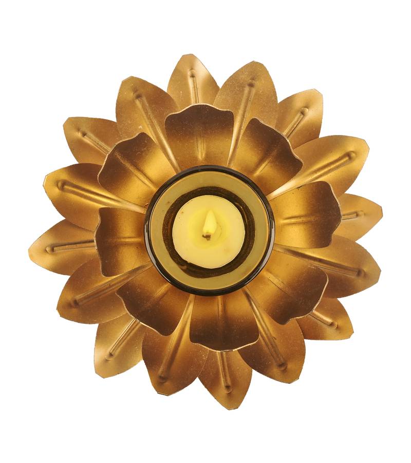 H & W Gold Metal Candle Holder for Diwali- Set of 1 (18 x 18 x 6 cm)