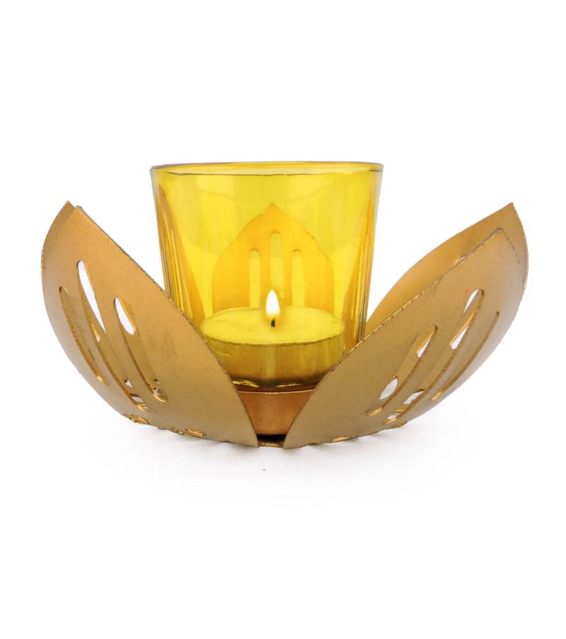 H & W Gold Metal Candle Holder for Diwali Set of 1 (13 x 13 x 6 cm