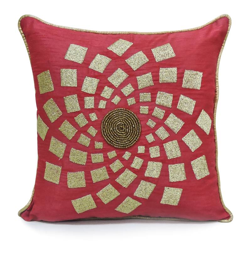 H & W Red Cushion Cover with Satin Stitch Embroidery & Bead Work in Poly Dupion Fabric- Set of 1 (30 X 30 Cm)