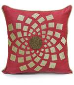 H & W Red Cushion Cover with Satin Stitch Embroidery & Bead Work in Poly Dupion Fabric- Set of 1 (30 X 30 Cm)