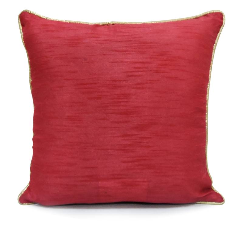 H & W Red Cushion Cover with Satin Stitch Embroidery & Bead Work in Poly Dupion Fabric- Set of 1 (30 X 30 Cm)