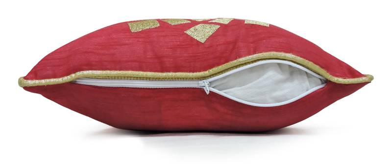 H & W Red Cushion Cover with Satin Stitch Embroidery & Bead Work in Poly Dupion Fabric- Set of 1 (30 X 30 Cm)