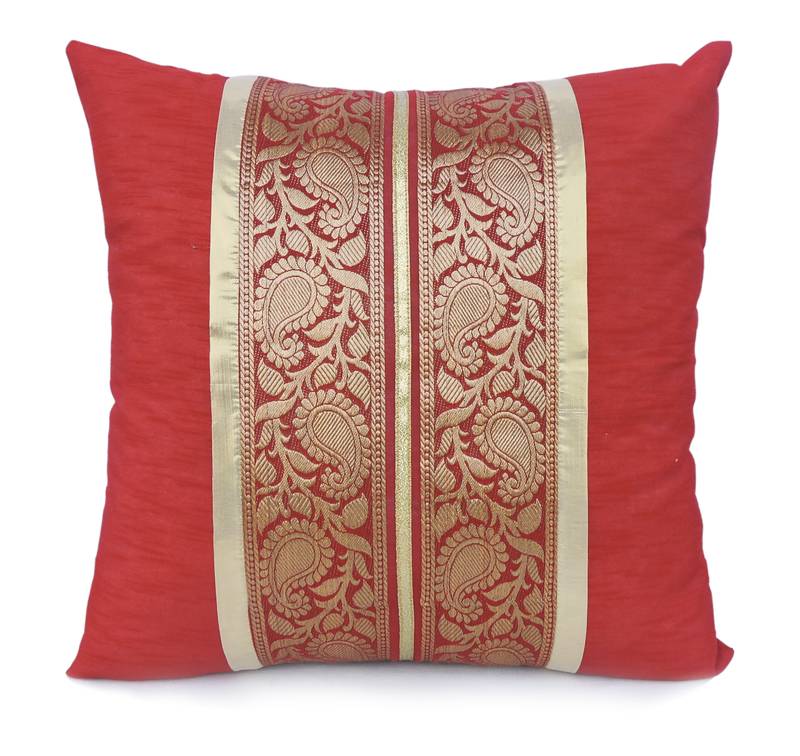 Red/Gold Cushion Cover with Pach Work Banaras Jacquard Polyester & Gold Poly Lurex in Poly