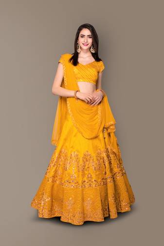 Elegant Yellow Raw Silk Embroidered Wedding Designer Lehenga Choli Dupatta Set