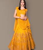 Elegant Yellow Raw Silk Embroidered Wedding Designer Lehenga Choli Dupatta Set
