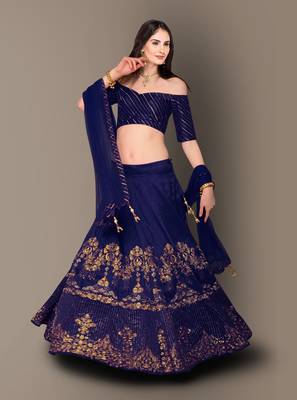 Elegant Dark Blue Raw Silk Embroidered Wedding Designer Lehenga Choli Dupatta Set 1