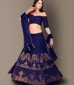 Elegant Dark Blue Raw Silk Embroidered Wedding Designer Lehenga Choli Dupatta Set
