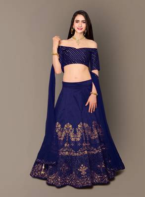Elegant Dark Blue Raw Silk Embroidered Wedding Designer Lehenga Choli Dupatta Set 2