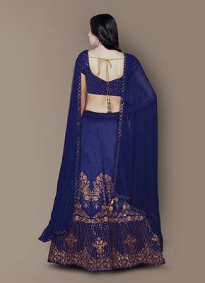 Elegant Dark Blue Raw Silk Embroidered Wedding Designer Lehenga Choli Dupatta Set 3
