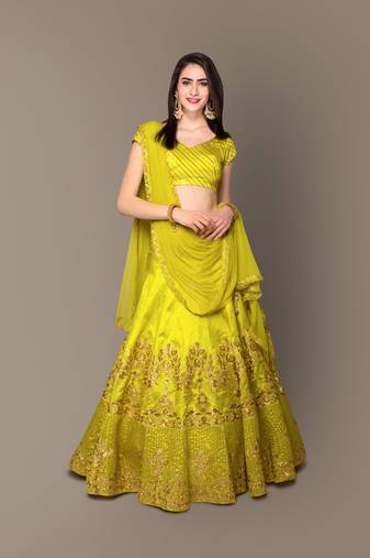 Elegant Green Rawsilk Embroidered Partywear Designer Lehenga Choli Dupatta Set