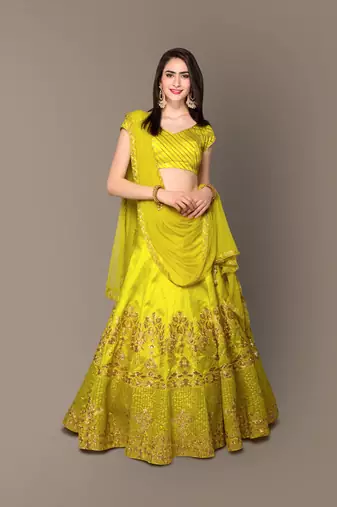 Elegant Green Rawsilk Embroidered Partywear Designer Lehenga Choli Dupatta Set