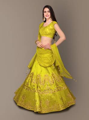 Elegant Green Rawsilk Embroidered Partywear Designer Lehenga Choli Dupatta Set 2