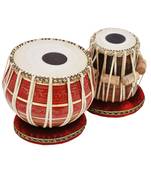 Tabla Drum Set, 2.5 Kg Red Painted Designer Brass Bayan, Sheesham Wood Dayan, Hand Made Drum Skin, Camel Leather Strap