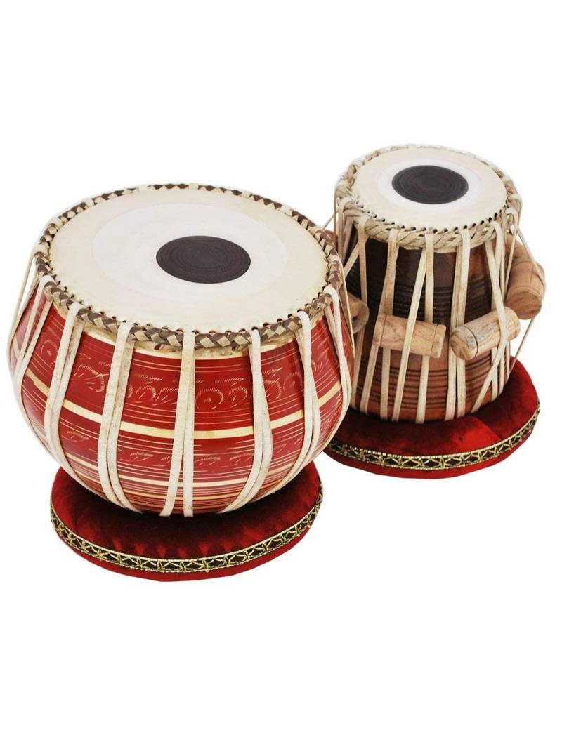 Tabla Drum Set, 2.5 Kg Red Painted Designer Brass Bayan, Sheesham Wood Dayan, Hand Made Drum Skin, Camel Leather Strap