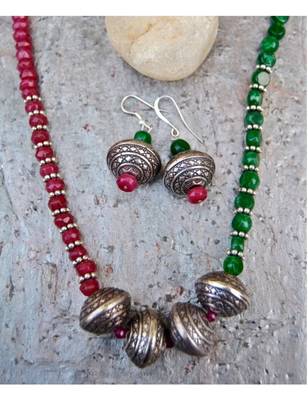 Rubylite and Jade Ethnic Accents Necklace Set with Silver Beads 1