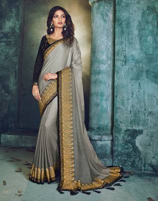 Grey embroidered silk saree with blouse 1