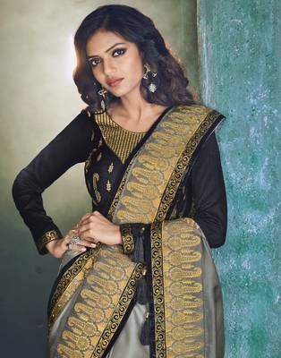 Grey embroidered silk saree with blouse 2