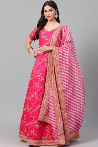 Amazing Bright Pink Embroidered Bollywood Designer Lehenga Choli Dupatta Set