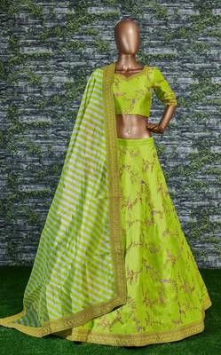Amazing Bright Green Embroidered Wedding Designer Lehenga Choli Dupatta Set 1