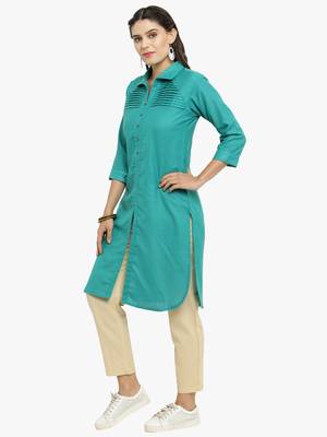 Indibelle Teal woven cotton kurtis 4