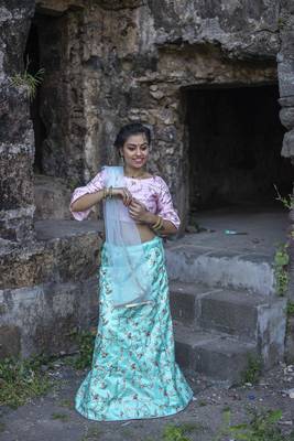 Aqua-blue embroidered silk semi stitched lehenga with dupatta 1