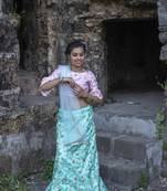 Aqua-blue embroidered silk semi stitched lehenga with dupatta