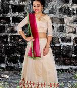 Beige embroidered silk semi stitched lehenga with dupatta