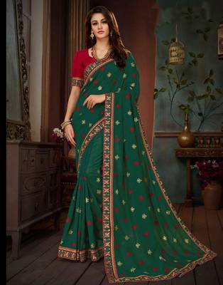 Green embroidered silk saree with blouse 1