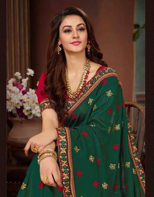Green embroidered silk saree with blouse 2