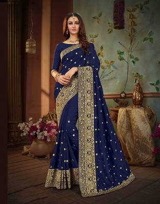 Navy blue embroidered silk saree with blouse 1