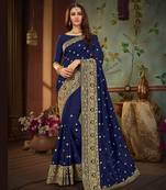 Navy blue embroidered silk saree with blouse