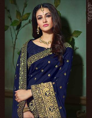 Navy blue embroidered silk saree with blouse 2