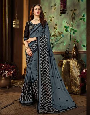Grey embroidered georgette saree with blouse 1