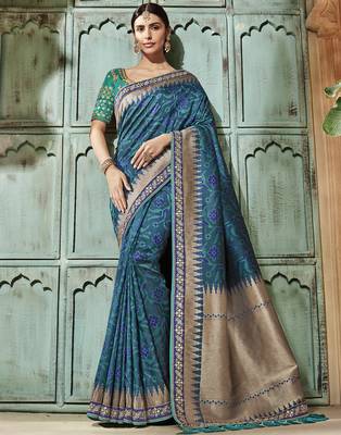 Blue embroidered silk saree with blouse 1